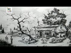 this is a drawing of a house and tree in the country side with birds flying over it