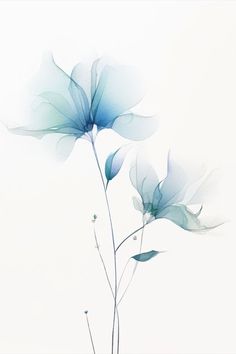 two blue flowers in a vase on a white background with watercolor effect applied to it