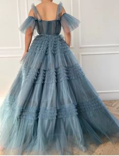 Details: -Blue tulle fabric -Ruffles -For special occasions Wedding Dress Cottagecore, Prom Dresses Long Blue, Ruffled Gown, Tulle Evening Dress, Sweetheart Prom Dress, Dress Cottagecore, Tulle Ball Gown, Prom Dresses Blue, Bustiers