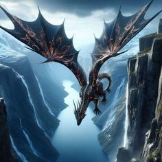 a dragon flying over a river in the middle of a rocky mountain range with water below