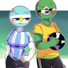 two cartoon characters standing next to each other with one holding a soccer ball and the other wearing a face mask