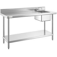 a stainless steel work table with two sinks on one side and an undershel