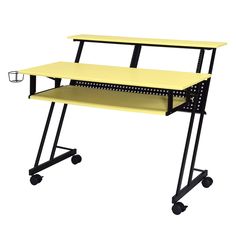 two yellow desks with wheels on each side