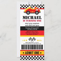 a race car birthday party ticket with the words,'mash is turning two '