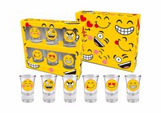 a set of six glasses with different emoticions on the front and sides, in a yellow box