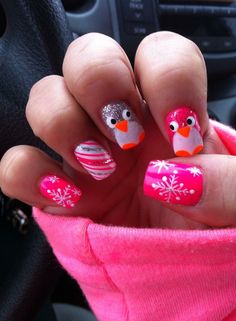 Pink Penguin Nails, Hot Pink Christmas Nails, Nails Penguin, Penguin Nail Art, Penguin Nails, Toenail Art Designs, Blush Pink Nails, Pink Penguin, Christmas Nail Stickers