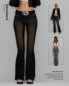 the woman is wearing black jeans and a white crop top with an embellishment on her stomach