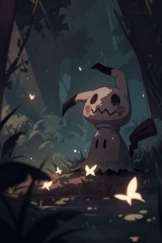 a cartoon rabbit sitting in the middle of a forest filled with leaves and butterflies at night