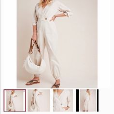 En Saison Anthropologie Beige Jumpsuit Chic Beige Jumpsuit With Relaxed Fit, Chic Beige Relaxed Fit Jumpsuit, Anthropologie Jumpsuit, Beige Fitted Wide-leg Jumpsuits And Rompers, Casual Cream V-neck Jumpsuit, Beige Jumpsuit, Product Description, Anthropologie, Pant Jumpsuit