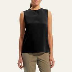 Theory lightweight shell top with a subtle sheen Round neckline; hook/keyhole front Sleeveless Straight fit Hip length Pullover style Silk Imported Silk Sleeveless Tank Top For Work, Sleek Sleeveless Camisole, Sleek Sleeveless Workwear Top, Sleek Sleeveless Top For Workwear, Sleek Sleeveless Top For Work, Sleek Sleeveless Tank Top For Work, Sleeveless Silk Tops, Shell Top, Shell Tops