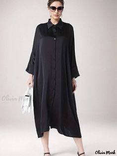 Olivia Mark - Vestido camisero con cuello vuelto y manga murciélago de satén sólido con botones, confeccionado profesionalmente a medida para mujeres de tallas grandes Oversized Long Sleeve Shirt Dress In Solid Color, Oversized Long Sleeve Solid Color Shirt Dress, Oversized Solid Color Long Sleeve Shirt Dress, Oversized Button-up Solid Color Dress, Oversized Solid Color Button-up Dress, Black Shirt Dress With Buttons In Relaxed Fit, Oversized Shirt Dress With Buttons, Oversized Long Button Shirt Dress, Solid Oversized Shirt Dress For Work