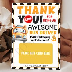 a thank card for someone who is going to be an awesome bus driver with a car on it