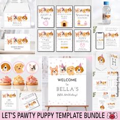 the puppies puppy birthday party package includes cupcakes and decorations