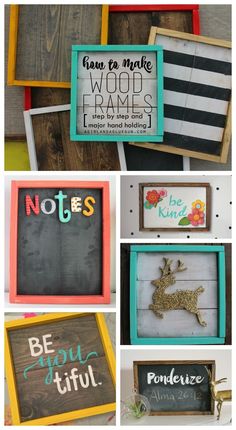 several different types of wooden frames with words on them and pictures in the same frame