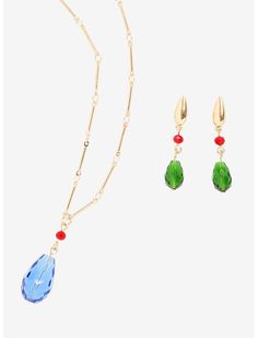 two necklaces, one with a blue tear and the other has red beads on it