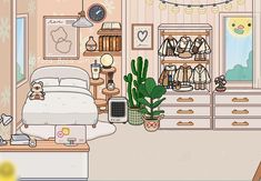 a bedroom with a bed, dressers and other items in it's room