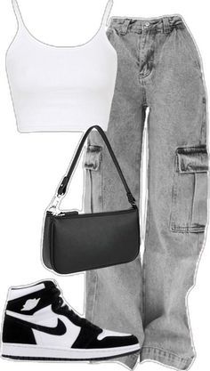 a pair of grey jeans, white top and black handbag are featured in this image