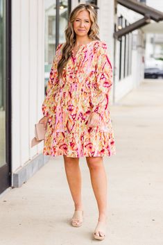 This vibrant pink dress features long-sleeves, a flowy ruffle design, and a smocked waistline for a flattering fit! The v-neckline adds a touch of elegance, while the abstract floral design in shades of pink and orange bring a pop of color to any occasion! This piece is perfect for making a statement and standing out from the crowd! Self - 97% Polyester, 3% ElastaneLining - 100% Polyester Shades Of Pink And Orange, Abstract Floral Design, Ruffle Design, Tunic Sweatshirt, Jumpsuit Party, Shades Of Pink, Fall Shopping, Planting Seeds, Dress With Cardigan