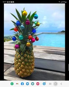 a pineapple decorated with colorful ornaments on a deck overlooking the ocean and water in an instagram