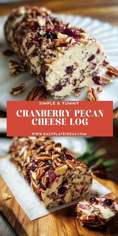 cranberry pecan cheese log on a white plate with the title overlay