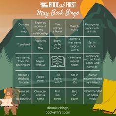 A bingo board with an image of a mountain, a bear with a backpack and a map, and a tent. The prompts are all bookish and related to reading challenges. Book Bingo Challenge 2023, Book Bingo 2024, January Book Bingo, Bingo Reading Challenge 2023, Reading Prompts, Bingo Online