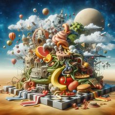 an artistic painting with many objects floating in the air and on top of each other