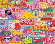 a collage of coca cola stickers on a colorful background with different colors and shapes