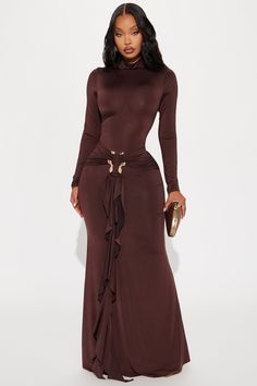 Available In Chocolate And Hunter. Maxi Dress Mock Neck Long Sleeve Hardware Ruched Ruffle Detail Back Zipper Closure Stretch 95% Polyester 5% Spandex Imported | In The Moment Maxi Dress in Chocolate Brown size 3X by Fashion Nova Chocolate Fashion, Fasion Outfits, Mock Neck Long Sleeve, Chocolate Brown, Mock Neck, Fashion Nova, Maxi Dress, Spandex, Size Medium