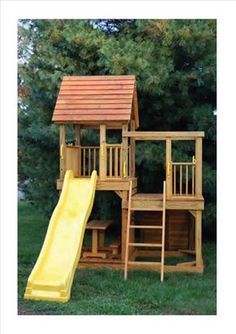 a wooden play set with a yellow slide