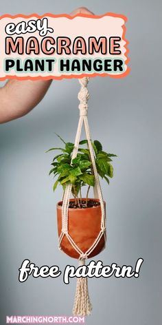 a potted plant hanging from a macrame plant hanger with the text easy macrame plant hanger free pattern