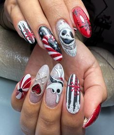 The 39 Prettiest Christmas & Holiday Nails : Nude and Red Christmas 2023 | Christmas Winter Nail Christmas Nails Nightmare Before, Jack Nails Nightmare Before Christmas, Jack Christmas Nails, Jack Skellington Nails Christmas, Nightmare Before Xmas Nails, Jack Skellington Nail Art, Halloween Christmas Nails, Nightmare Before Christmas Nails Xmas, Uñas Halloween Jack