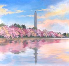 a painting of the washington monument with cherry blossoms in bloom and water reflecting it's reflection