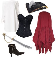 a woman's outfit and accessories including a pirate hat, skirt, booties