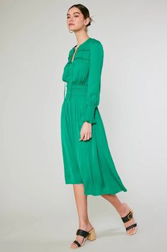 Aida Smocked Midi Dress – CURRENT AIR Chic Midi Dress With Smocked Cuffs For Work, Midi Dress With Smocked Cuffs For Office, Midi Dress With Smocked Cuffs For Work, Elegant Midi Dress For Work With Smocked Cuffs, Green Ruched Midi Dress For Fall, Green Long Sleeve Dress With Smocked Cuffs, Green Smocked Dress With Gathered Sleeves, Green Dresses With Elastic Sleeves For Brunch, Green Ruched Midi Dress