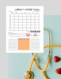 a printable weekly nurse planner with hearts and a stethoscope next to it