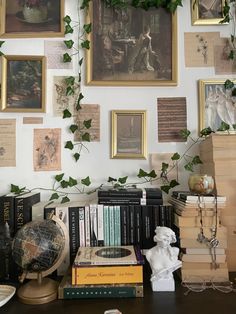 the wall is covered with many pictures and books, including one that has ivy growing on it