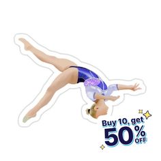 a woman is doing a handstand on the floor with 50 % off stickers