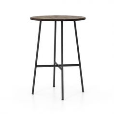 a round table with metal legs and a wooden top on an isolated white background,