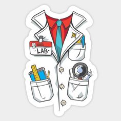 a sticker with an image of a lab coat, tie and pocket full of school supplies