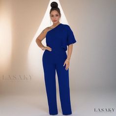 Lasaky - Single-Shoulder Short Sleeve Jumpsuit with Waist Cutout: Solid Color & Casual Fitted Blue Off-shoulder Jumpsuits And Rompers, Blue Fitted Off-shoulder Jumpsuits And Rompers, Blue One-shoulder Jumpsuits For Summer, Elegant One-shoulder Blue Jumpsuits And Rompers, Elegant Blue One-shoulder Jumpsuit, Chic Blue One-shoulder Jumpsuit, Straps Jumpsuit, Short Sleeve Jumpsuit, Velvet Cocktail Dress