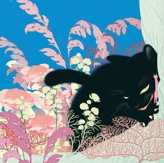 a black cat sitting on top of a lush green field next to pink and white flowers