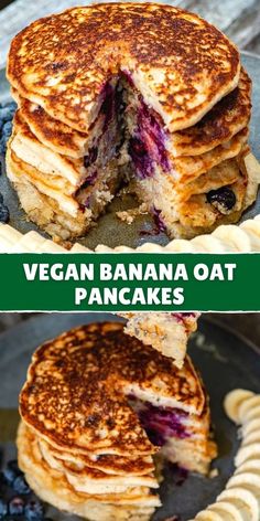 two pancakes stacked on top of each other with the words vegan banana oat pancakes cut in half