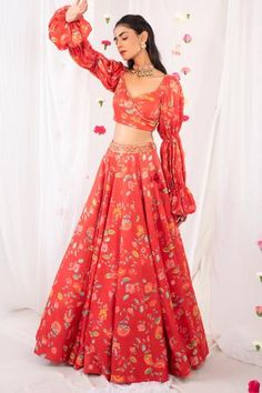 Shop for Esha Koul Red Gajji Satin Floral Print Blouse And Lehenga Set for Women Online at Aza Fashions Print Blouse Design, Lehenga Top, Puff Sleeves Blouse, Printed Lehenga, Floral Lehenga, Party Wear Indian Dresses, Stylish Dresses For Girls, Anarkali Dress, Asian Outfits