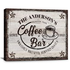 PRICES MAY VARY. PERSONALIZED RETRO COFFEE BAR SIGN: Customizable top wording, year and address. The beautiful design is sure to get compliments from your visitors. A Perfect Birthday, Anniversary & Housewarming gift idea for Men, Women, family, friends, neighbors, co-workers and vintage sign lovers, etc. STURDY & DURABLE: Our products are handmade of high quality canvas and built-in solid wood frame with a thin wooden board on the back to keep the canvas flat, very strong and durable. Printed w Coffee Signs For Kitchen, Vintage Coffee Signs, Animal Wall Painting, Landscape Wall Painting, Abstract Wall Painting, Bar Vintage, Chalkboard Designs