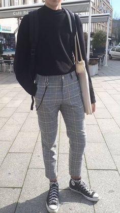 Sk8 Hi Outfit, Mens Fall Outfits, Moda Grunge, Hipster Pants, Plaid Dress Pants, Tokyo Street Fashion, Vintage Hipster, Hipster Man, Hipster Mens Fashion