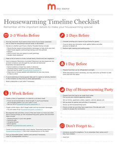 the housewarming time checklist is shown in red and white, with instructions for each