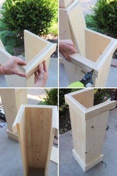 four pictures showing how to make a flower box with plywood and screwdrivers