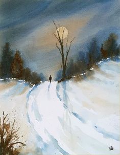 a painting of a person walking down a snow covered road in the winter with trees