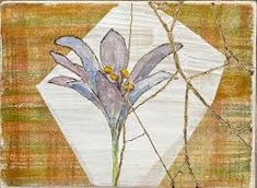 a painting of a purple flower on top of a white envelope with vines in the background