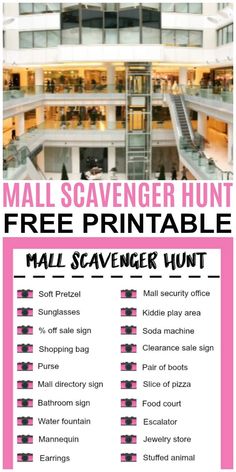 a pink and white poster with the words mail scavenger hunt free printable